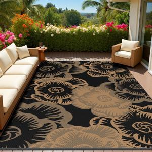MontVoo Outdoor Rug-Waterproof Patio Rug Mat 6x9 Outdoor Carpet Mat Reversible Plastic Straw Outside Outdoor Rug for RV Camping Picnic Beach Balcony Backyard Pool Deck Farmhouse Floral Black Brown