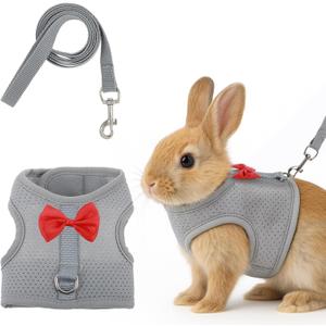 Bunny Harness and Leash Set, Escape Proof Rabbit Harness,Soft Breathable Mesh Rabbit Harnes with Bow and Metal Buckles for Rabbits, Kittens, Ferrets, Guinea Pigs,Pet Walking Gear