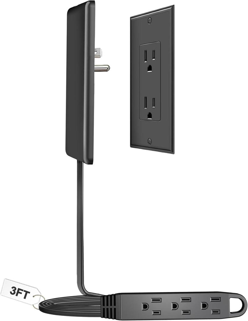 3FT Ultra Flat Plug Extension Cord Power Strip with 3 Outlets, Patented Detachable Ultra-Thin Outlet Cover Concealer & Ultra-Flat Plug, Max. 13A 125V 1625W ETL Listed, Black Color