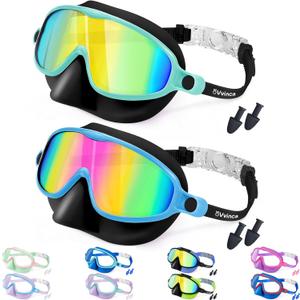 Vvinca Swim Goggles with Nose Cover, 2 Pack Wide View Diving Mask Anti-Fog UV No Leak Toddlers Swimming Goggles for Kids 3-15 (01-black Green& Black Blue)