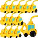 Tanlade 12 Set Excavator Truck Cups with Straws, Tractor Birthday Party Decorations 10 oz Plastic Excavator Shape Cup Reusable Cups Construction Themed Party Favor for Kids Construction Car