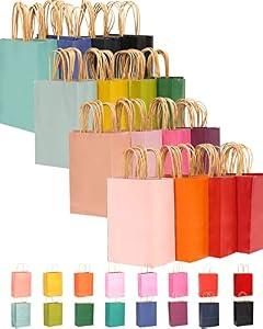 qiqee 100-Packs Paper Bags with Handles Bulk 8.26"×6"×3.15" Small Gift Bags 16 Different Senior Color Bags Multiple Uses（Small Size）