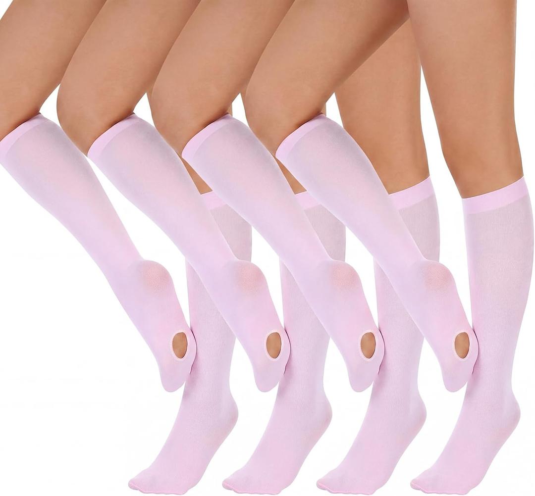 Cuffbow 4 Pairs Pink Ballet Dance Tights Convertible Knee High Thin Sheer Soft Dancing Socks for Dancer Women Girls (Pink)