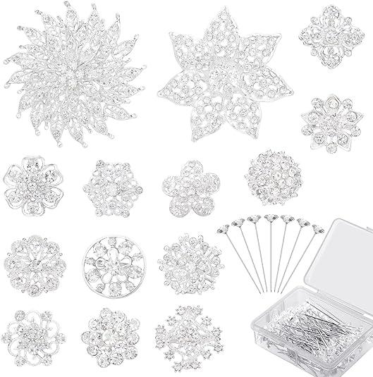 kilofly 14pc Bridal Rhinestone Crystal Flower Bouquet Corsage Wedding Brooch Pin, Silver + 100 Pins