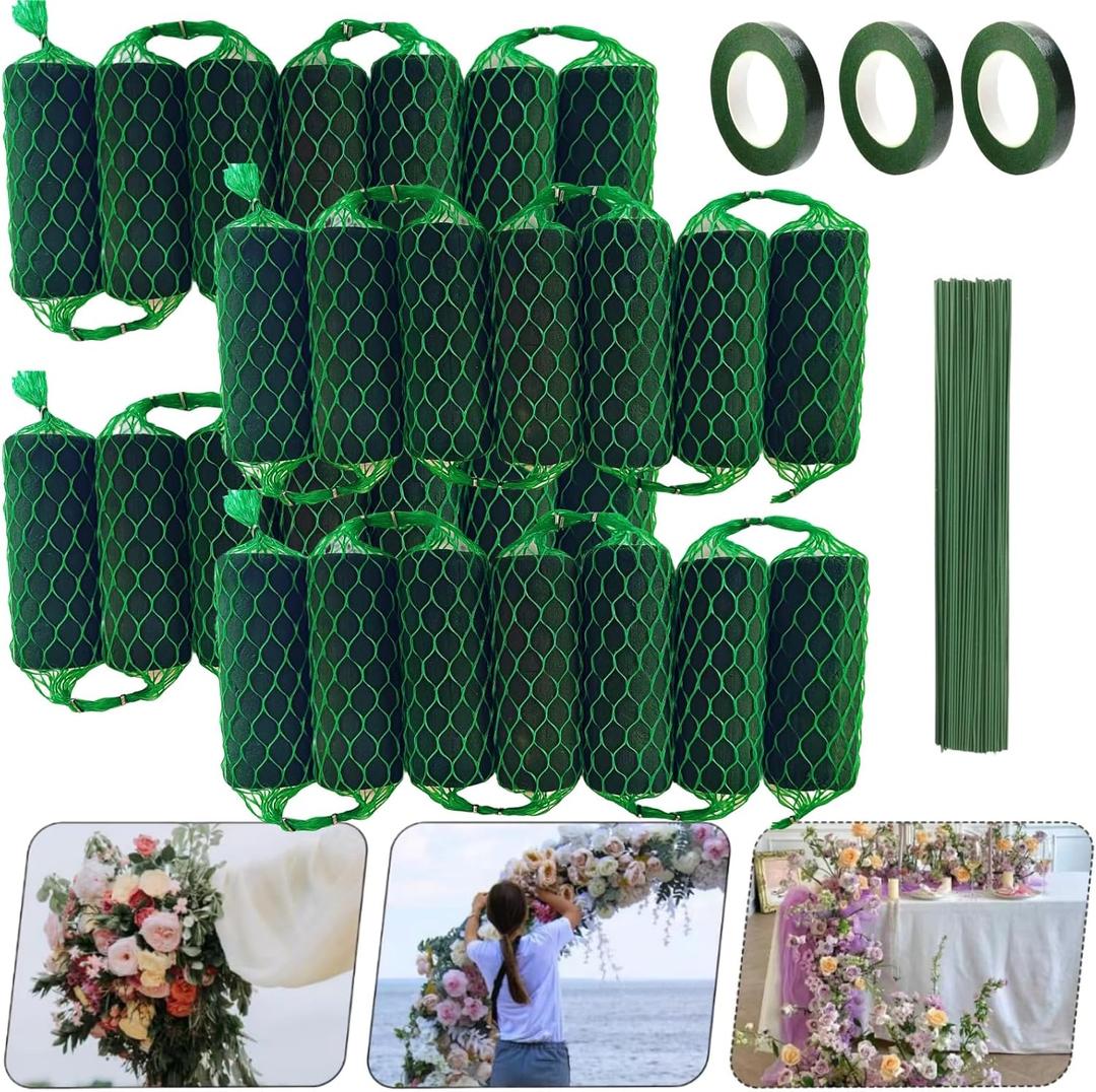 28PCS Floral Foam Garland - 18.4Ft Flower Sponge Blocks Kit,Absorption Flower Holder Arch Door for Wet Dry Fresh Flowers Arrangement for Wedding Garden Home DecorFloral Tape x3, Floral Wire x50 (Green)