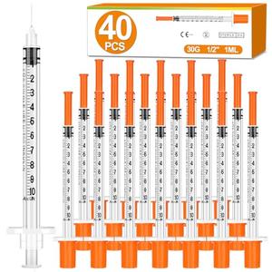 40 Pack 1ml Syringes with Needle-30Ga 0.5 Inch, Individually Sealed Packaging