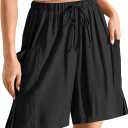TARSE Women's Linen Summer Baggy Shorts Casual Bermuda Wide Leg Mid Length High Waisted Drawstring Beach Short with Pocket (Black L)