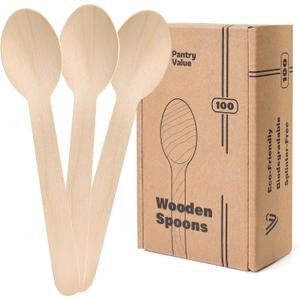Pantry Value [100 Count] Wooden Spoons Disposable, Splinter-free Biodegradable Spoons, Eco-friendly, Compostable Utensils for Outdoors, Parties, and events