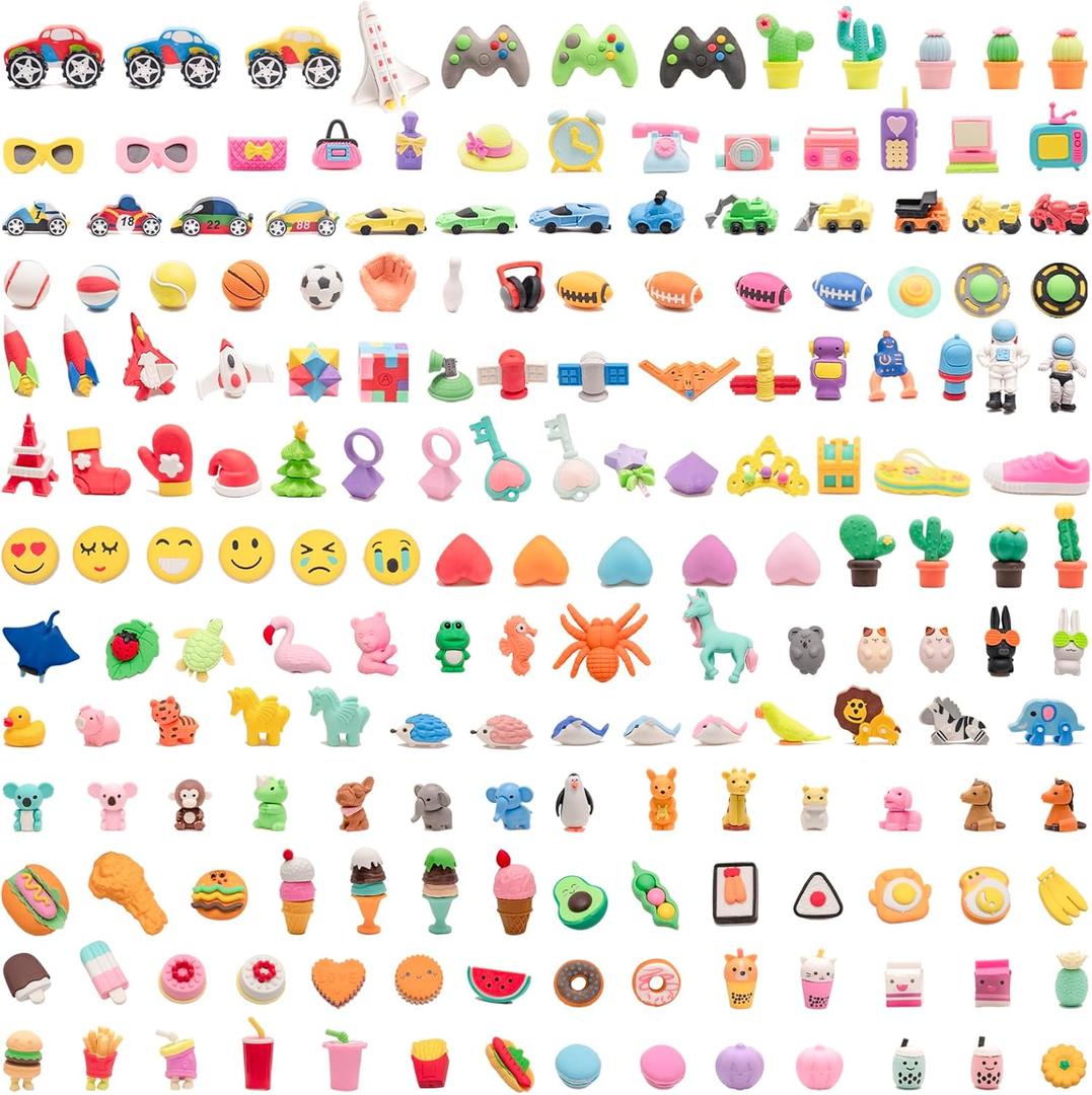 182pcs 3D Cute Kids Erasers, Random Desktop Pet Toys Gifts, Classroom Rewards Kids Party Gifts, Various Styles Such as Animals, Food, Plants, Space, Princess, Sports, Halloween, Christmas