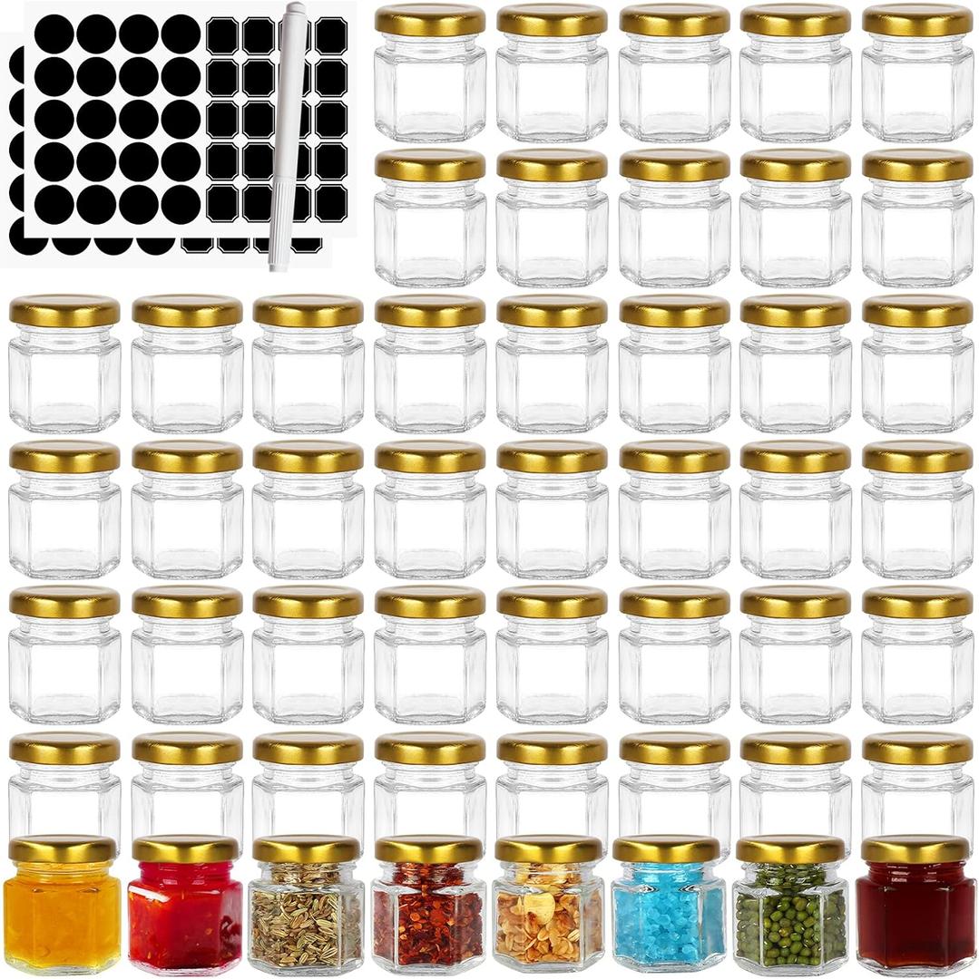 BIGIVACA 1.5 oz Mini Honey Jars - 48 Pack Hexagon Glass Jars with Gold Lids for Wedding Favors, Party Favors, Candle Making - Include 120 Labels and 1 Pen