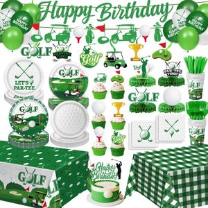 QIYANPAX Golf Birthday Party Decorations Include Plates, Napkins, Cups, Cutlery, Banner, Hanging Swirls, Cake & Cupcake Toppers, Balloons, Tablecloths for Golf Birthday Decorations, Serves 24