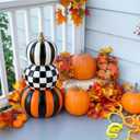 Briwooody 16.9 Inch Stacked Resin Pumpkin Decor, 3 Layers Halloween Artificial Fake Pumpkin Tower, Black White Checkered Orange Striped Halloween Autumn Decoration for Outdoor Indoor Porch Home Party