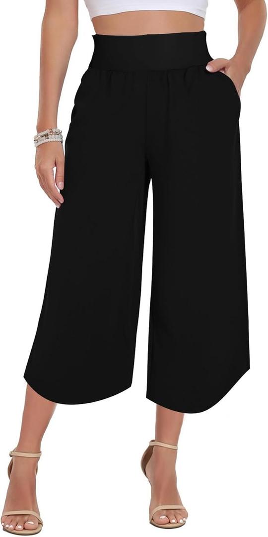 TARSE High Waist Capri Pants for Women Wide Leg Flowy Cropped Trousers Slim Fit Slit Hem Capris Casual Summer Crop M