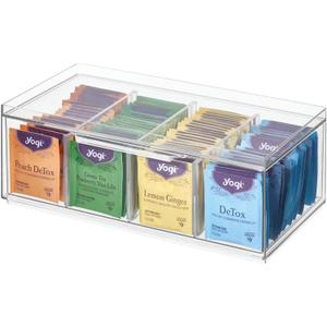 IDesign Tea Bag Organizer for Counter, 4-Section Clear Stackable Tea Storage Drawer for Cabinet