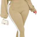 Vssjavun Women 2 Piece Outfit Color Block Long Sleeve Zip Drawstring Cropped Jacket Bodycon Long Pants Set Sweatsuit (Beige, XL)