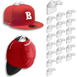 BRATEAYA Hat Hangers for Wall, Stronge Adhesive Hat Holders Display, No Driling Caps Holder Organizer, 20 Pack Hat Hook for Baseball Caps, Wall Mounted Cap Rack, Clear