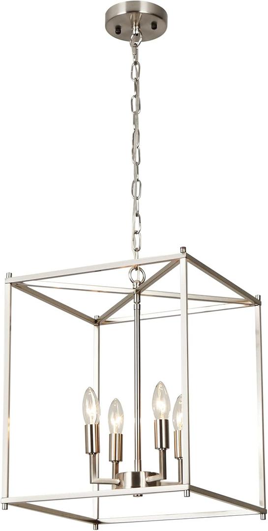 Brushed Nickel Chandelier 4-Light Foyer Chandelier, 12.6" Lantern Pendant Light for Dining Room Adjustable Height Square Pendant Light Fixtures for Kitchen Island Hallway Living Room