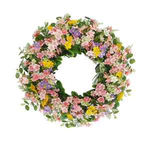 Faux Silk Cherry Blossom Flower Spring Summer Easter Wreath 24-26" for Front Door – Pink Purple Yellow Plum Blossom Green Eucalyptus Leaves – Farmhouse Front Porch Decor, Outdoor Indoor Use