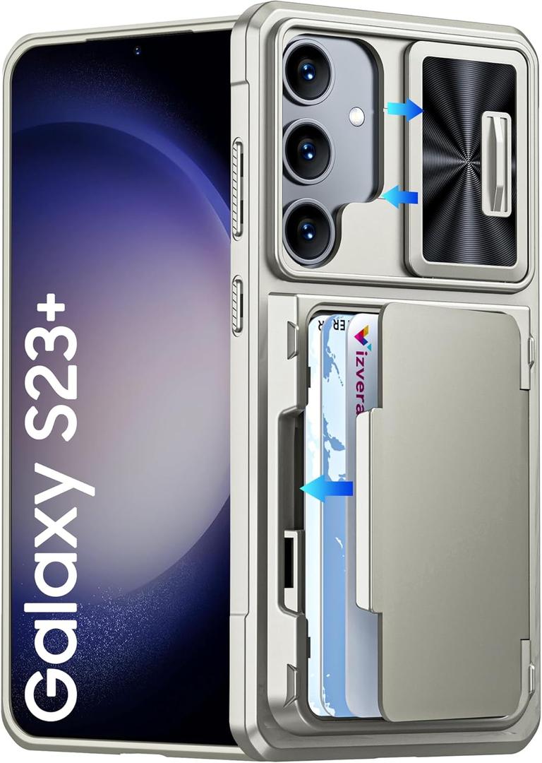 Vizvera for Samsung Galaxy S23 Plus Case Wallet, RFID Cards Holder (4 Cards) & Camera Cover for Women Men, Full Body Shockproof Silicone Case for S23 Plus 6.6"-Natural Titanium