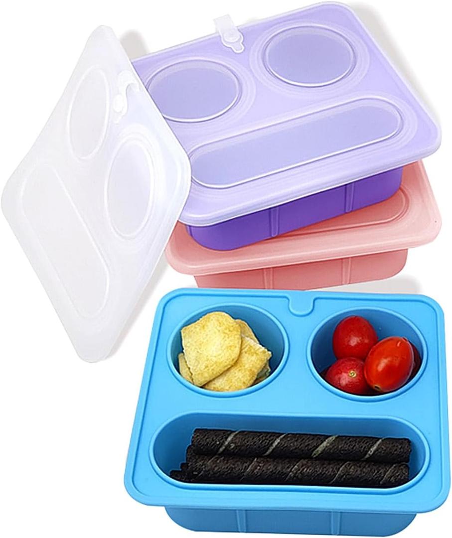 3-piece reusable silicone snack container set with lids, featuring a three-compartment design, is perfect for lunch salads, kids' snack boxes, and ideal for travel, office, and picnics.
