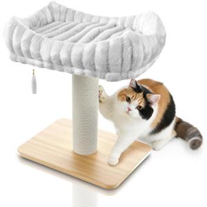 Modern Scratching Post for Indoor Cats - 15 High Cat Scratching Post with Bed Breeds - 15.7 x 11.6 Removable & Washable Cushion (Natural Wood Post with White Bed)