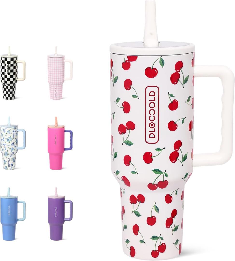 DLOCCOLD 40 oz Tumbler with Handle and Flip Straw, Leak Resistant Leak-Proof Tumbler with Lid and Straw, Insulated Stainless Steel Travel Mug, Keeps Cold or Hot, Car Cupholder Friendly, Hot Cherry