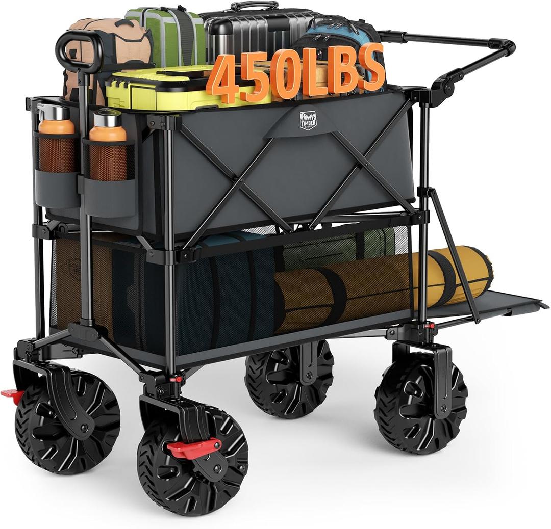 TIMBER RIDGE Push & Pull Double Decker Wagon, 400L Large Capacity Heavy Duty & 450lb Load, Collapsible Cart with All-Terrain Wheels & Brakes, 54 Extended Foldable for Sports, Beach, Camping, Grey