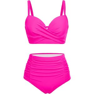 Yonique Women Underwire Bikini Set High Waisted Tummy Control Swimsuit 2 Piece Push Up Bathing Suit (Large, Hot Pink)