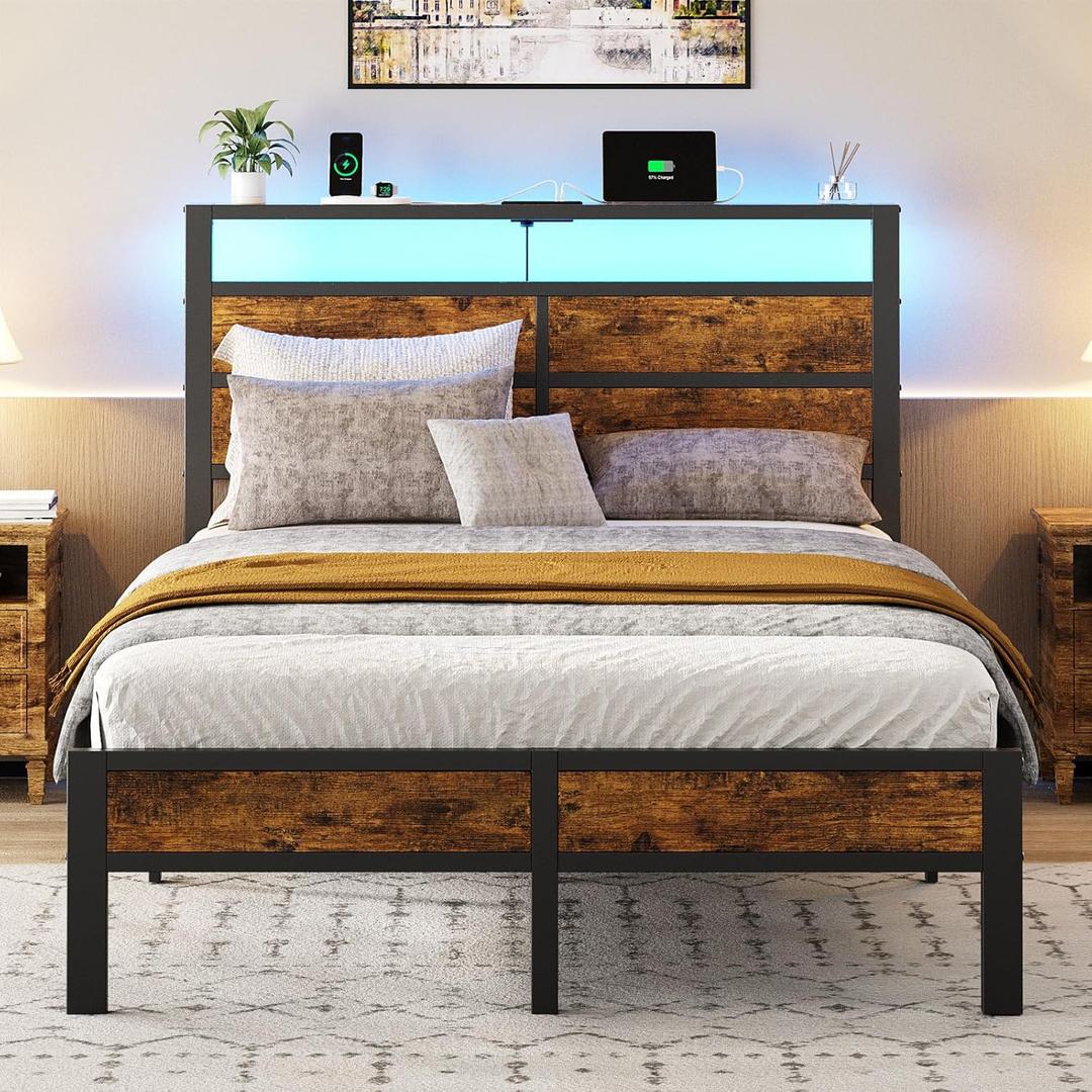 Full Metal Bed Frame with USB Charging Station, Headboard Storage, LED Lights, Noise-Free Design, No Box Spring Needed Visit the Store (Brown)