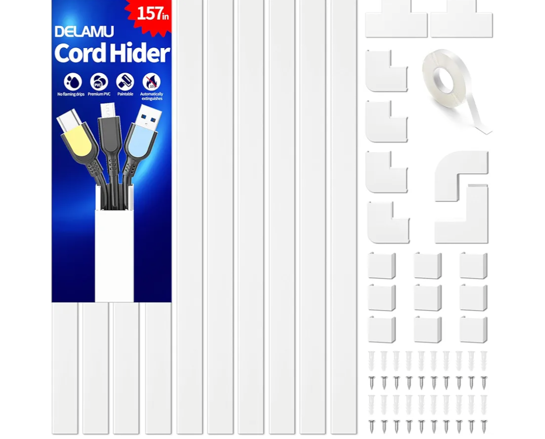 Delamu Cord Hider, 157in Wire Covers for Cords on Wall, Premium Cable Hider Cord Covers for Wires, Cable Management Wire Hiders for TV, Cable Raceway Kit, W0.95 H0.55in, White