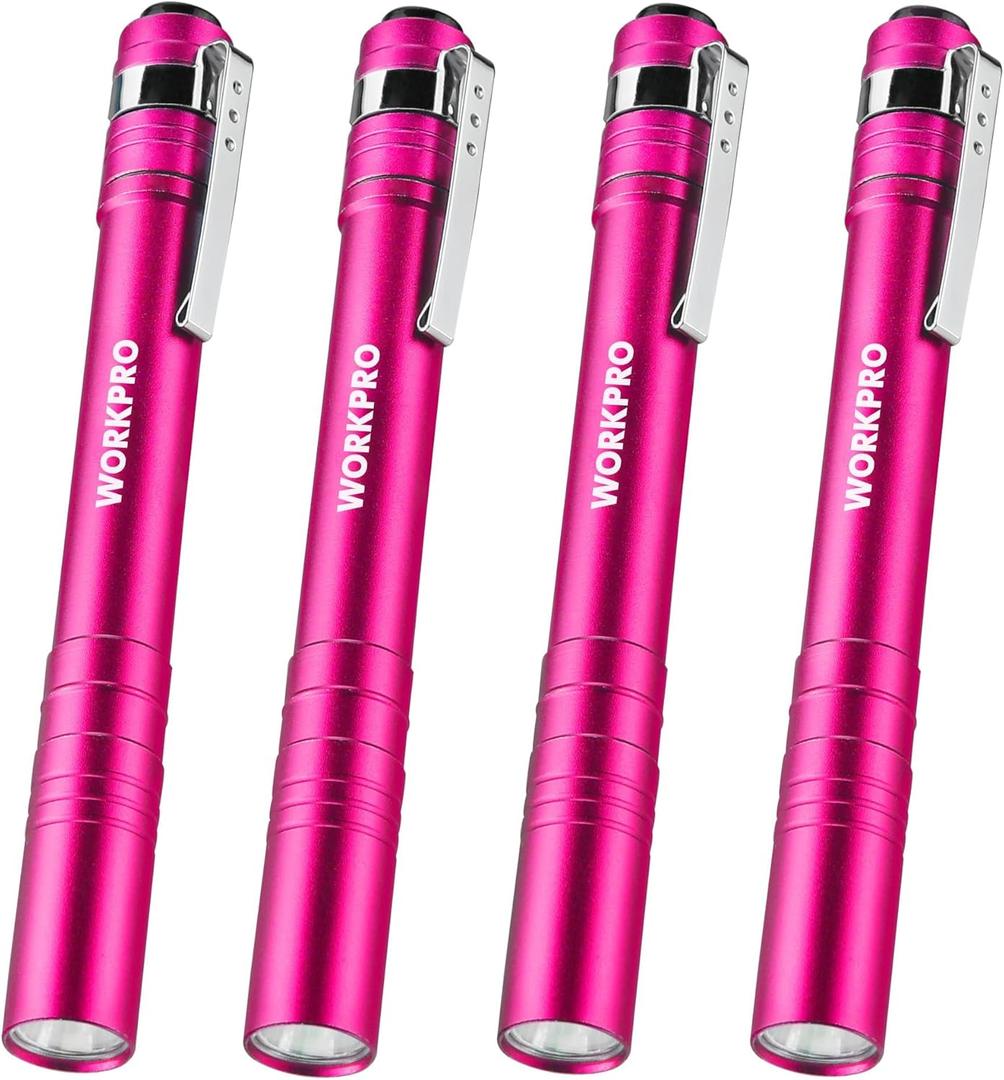 WORKPRO LED Pen Light, Aluminum Pen Flashlights, Pocket Flashlight with Clip for Inspection, Emergency, Everyday, 2AAA Batteries Include, Pink(4-Pack)