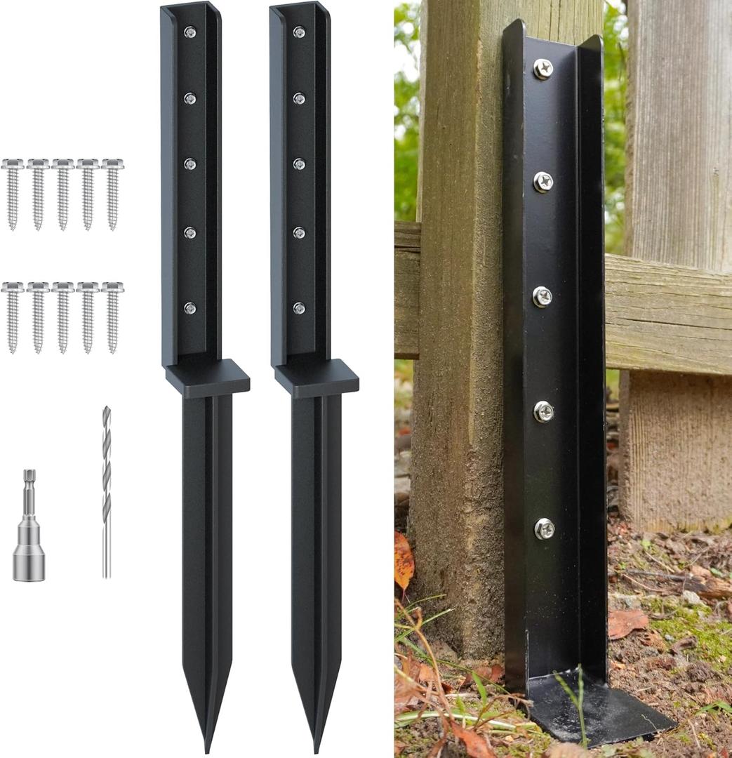 One-Piece Fence Post Repair Kit 2-Pack Heavy Duty Post Anchor 32in Metal Sturdy Ground Stakes for Repairing Tilted and Broken Wooden Fence, Black