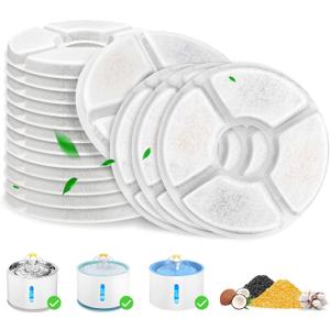 Cat Fountain Filter, 16 Pcs Cat Water Fountain Filters Replacement Dia is 5", 3-Filtration System Round Carbon Filters Compatible with 81oz / 2.4L Round Automatic Pet Dog Water Fountain Dispenser