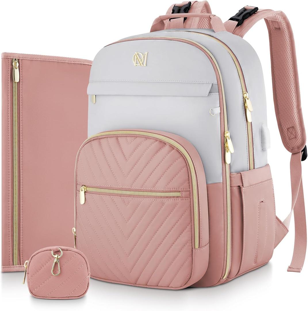 MOMUVO Diaper Bag Backpack, Quilted Baby Bag with Changing Pad & Stroller Straps & Pacifier Case, Large Travel Diaper Bags for Mom Dad, Pink Grey