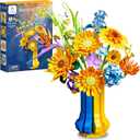Sunflower Bouquet Building Set with Vase, Gift for Mom Wife Women Girlfriends Adults Couple Teens, Artificial Botanical The Starry Night Flower for Home Office Dcor (1147 PCS) (Yellow and Blue)