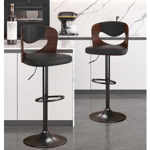 VECELO Bar Stools Set of 2,Kitchen Island Stools with Bentwood Back, Arm & Footrest, Counter Height Stools PU Leather Adjustable Height, Swivel Bar Chairs for Club Pub Dining Room, Black