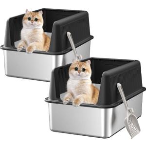 2 PACK Stainless Steel Cat Litter Box with Lid,19.7” L x 13.8” W x 11.8”H Deep,Large Metal Litter Box with High Side,for Small and Large Cats,Anti-Leakage Non-Sticky Include Litter Scoop