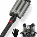 Three Barrel Curling Iron 1 Inch with LED Display, 15 Heat Settings 180-430F, Tourmaline Ceramic Triple Hair Waver for Beach Waves, Dual Voltage 110-240V, Auto Shut-Off, Glove Included, Gray