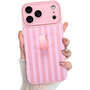KANGHAR Compatible with iPhone 17 Pro Max Case 2025, Silicone Stripes Cute Pattern, Wristband Kickstand Camera Protection Soft Slim Cover for Girls Women -Pink