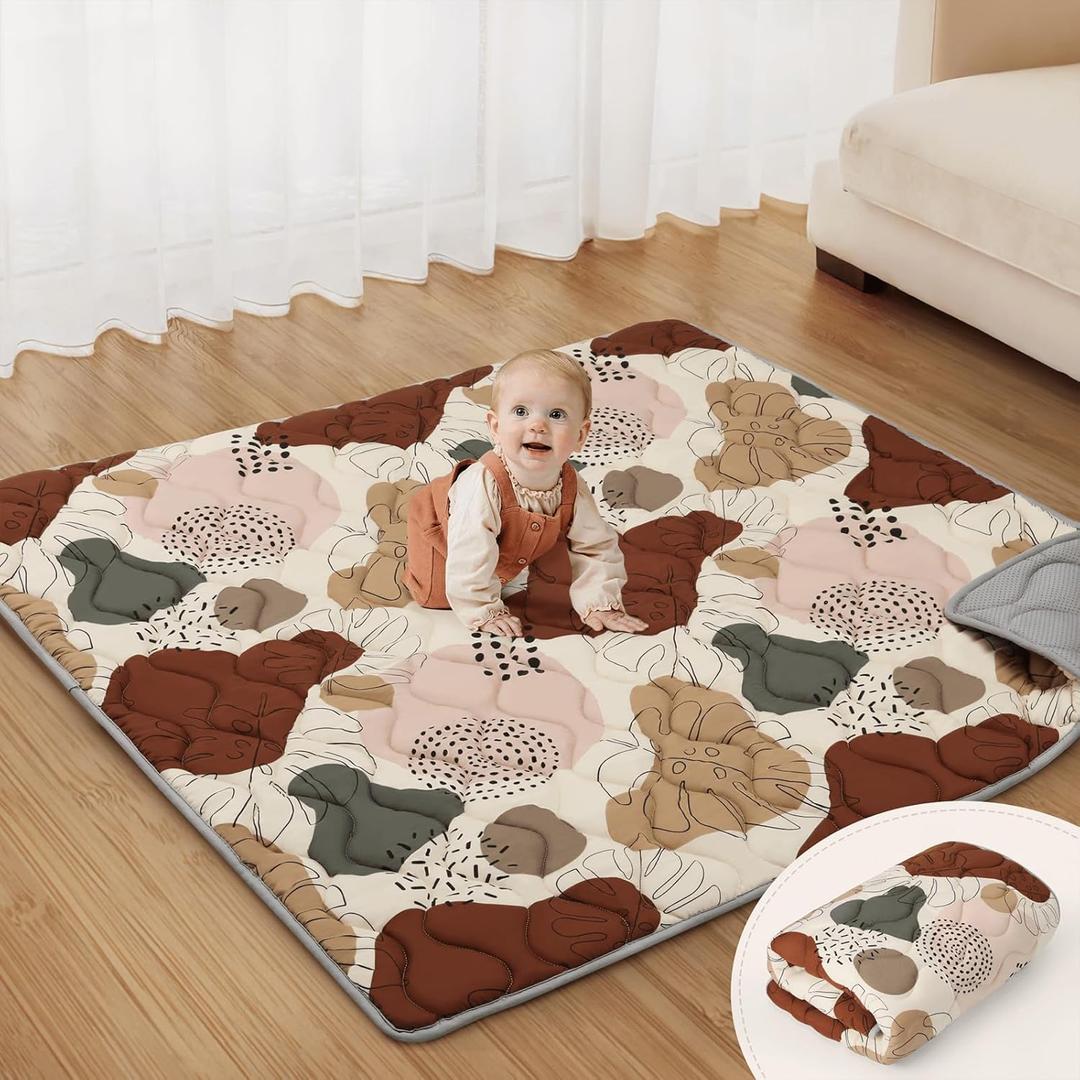 Blissful Diary Portable Baby Play Mats for Floor, Thicker Cushioned Foldable Baby Crawling Mat for Indoor Outdoor, Non-Slip & Washable Kids Playmat for Tummy Time Activity, Boho 43" X 43"