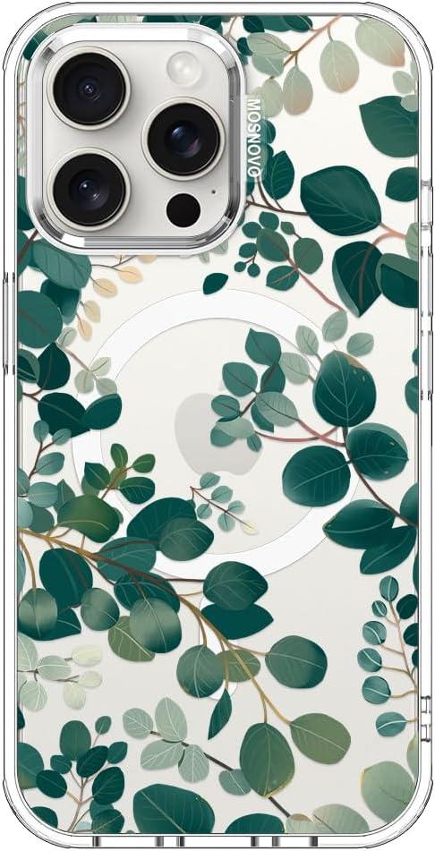 MOSNOVO Case for iPhone 15 Pro Max, [Compatible with Magsafe] [Buffertech 6.6ft Military-Grade Drop Protection] [Anti Peel Off Tech] Clear Phone Case Design - Eucalyptus