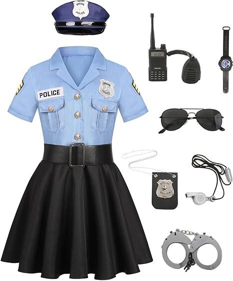 Kids Police Officer Costume Girls Cop Cosplay Outfits Uniform Halloween Costumes with 9 Pcs Accessories, 4-6Y