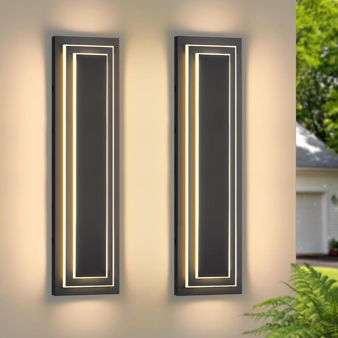 23.6 in Outdoor Wall Light Fixture,Black Outdoor Modern Square Wall Lights for Hallway, 2-Tier Garage Side Wall Sconces,Waterproof Front Porch Light Integrated 3000K 36W LED Light Bead,2PCS