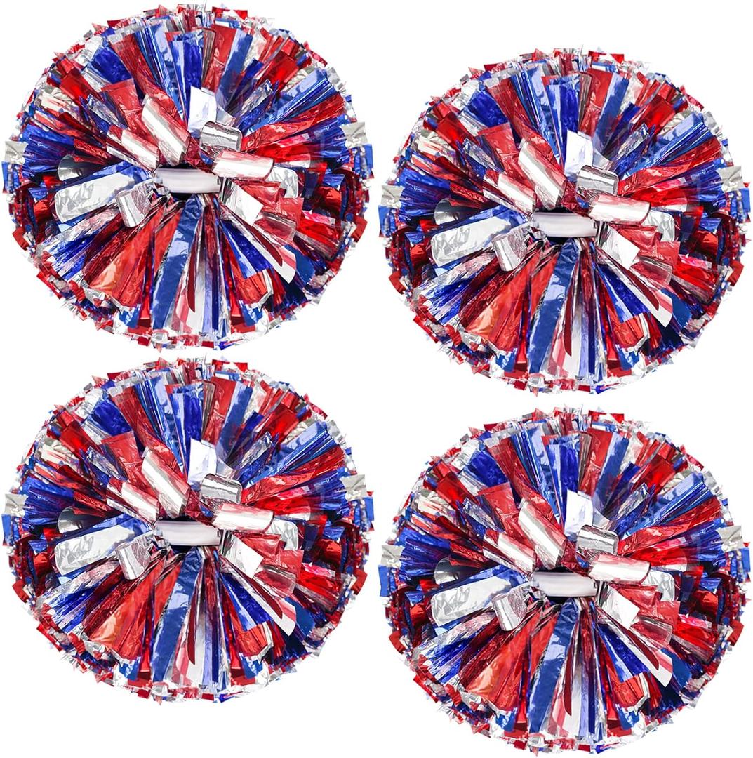 4Pcs Upgraded 12inch Metallic Cheerleading Pom Poms, HOLENGS Cheerleader Pompoms Cheer Poms for Kids Adults, Cheering Squad Pompoms for School Sports Games Dance Party (Blue and Red and Sliver)