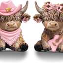 Wesiti 2 Pcs Cowgirl Highland Cow Figurines, Western Farmhouse Resin Cow Statues with Pink Cowboy Hat, Guitar and Bow, Christmas Cute Calf Lovers Gifts Ornaments for Home Shelf Holiday Decor