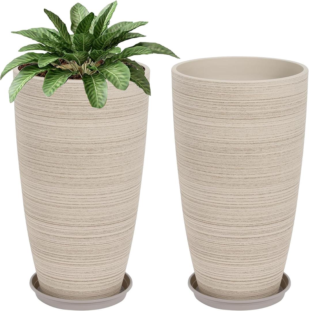 Neoaider Set of 2 Tall Planter, 21 inch Large Plastic Planter with Drain Hole & Saucers, Large Outdoor Planters for Porch, Garden, Patio, Balcony(Oat Color)