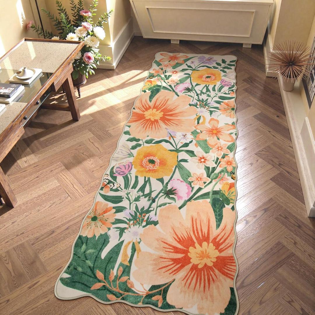 2x6 Floral Boho Runner - Beige Non-Slip Washable Rug, Soft Botanical Carpet for Hallway Kitchen & Bedroom