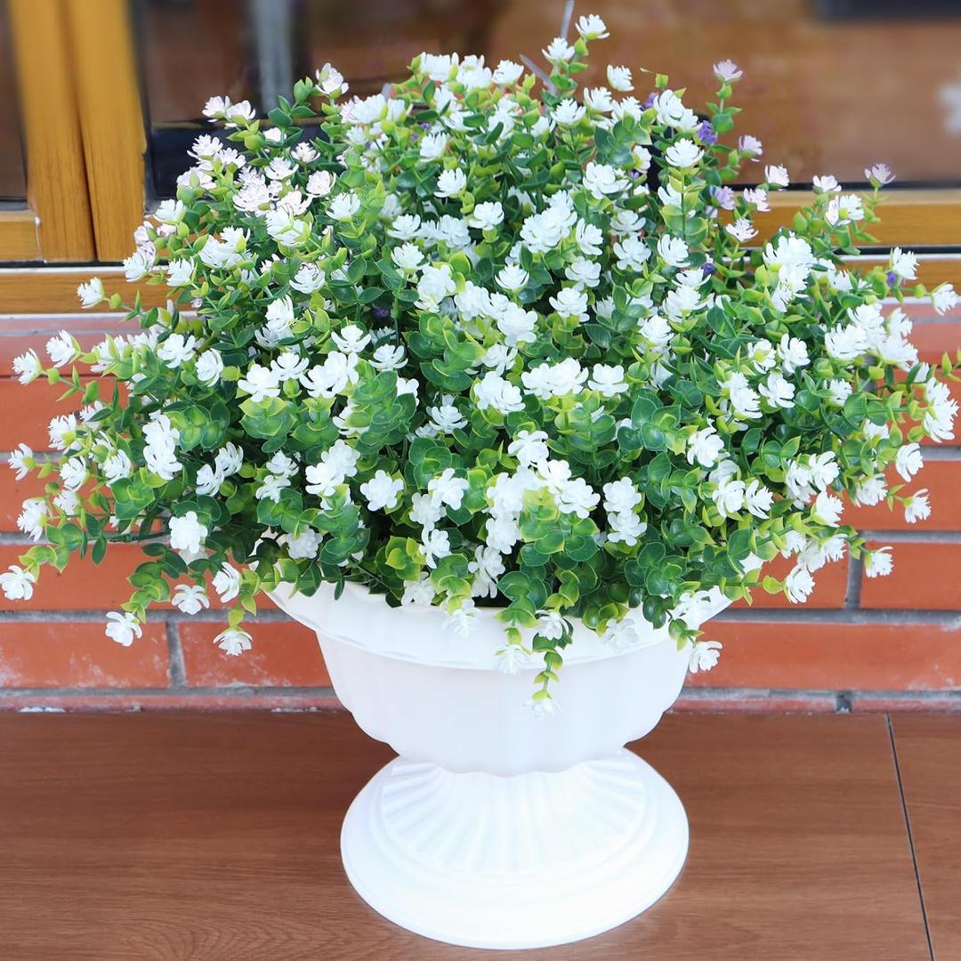 No Fade Artificial Flowers Outdoors, 16 Bundles Realistic Floral Greenery Plants UV-Anti Plants Fake Boxwood for Outdoor Indoor Home Garden Porch and Window Box Décor – White