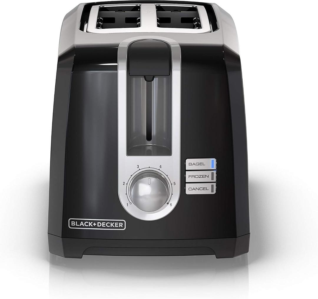 BLACK+DECKER 2-Slice Toaster, Extra Wide Slots for Bagels & Thick Bread, 6 Browning Settings, Removable Crumb Tray, Cancel Button, 850W, Black