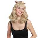 Rockabilly Vintage Wig Audrey Hepbum Short Bang Wig Long Finger Wavy Wigs for Women (Blonde)